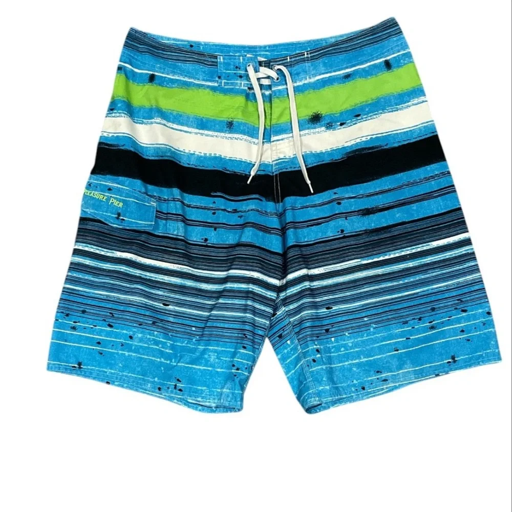 Blue and Green Striped Unlined Swimming Trunks Men's Size 36